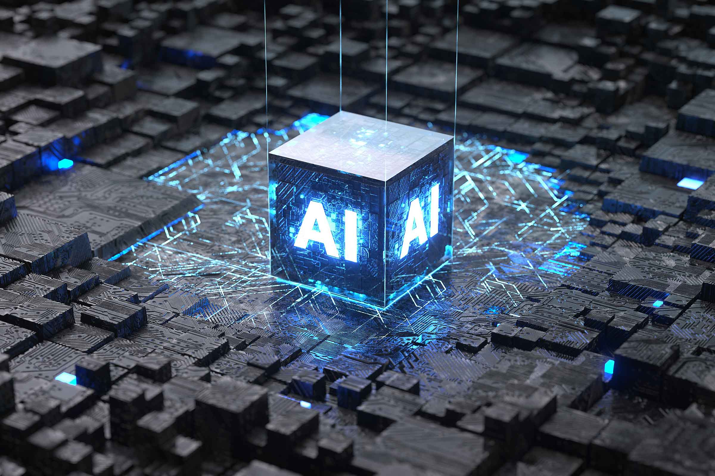 Illuminated AI processing core integrated into a circuit board, symbolizing the deep integration of artificial intelligence into modern SaaS infrastructure
