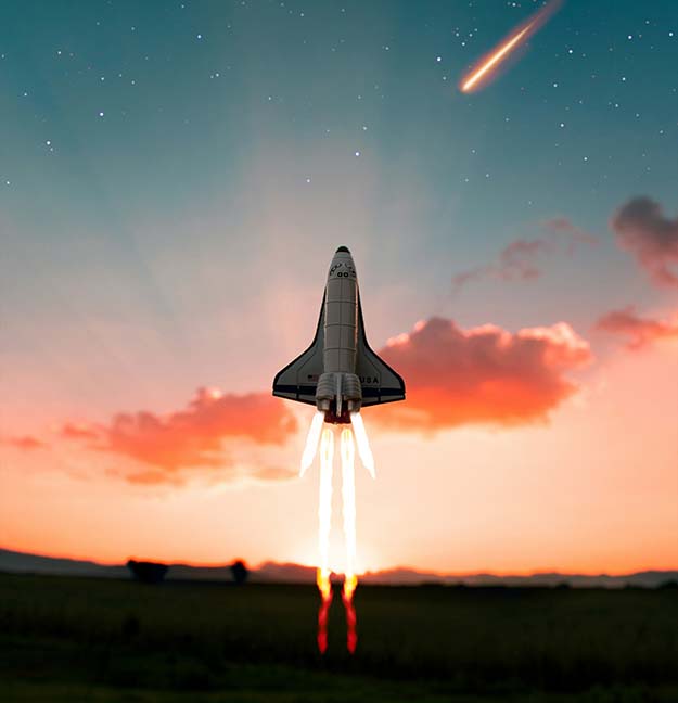 A space shuttle launch symbolizing the journey from initial idea to a successful SaaS launch with WeBuildSaaS.