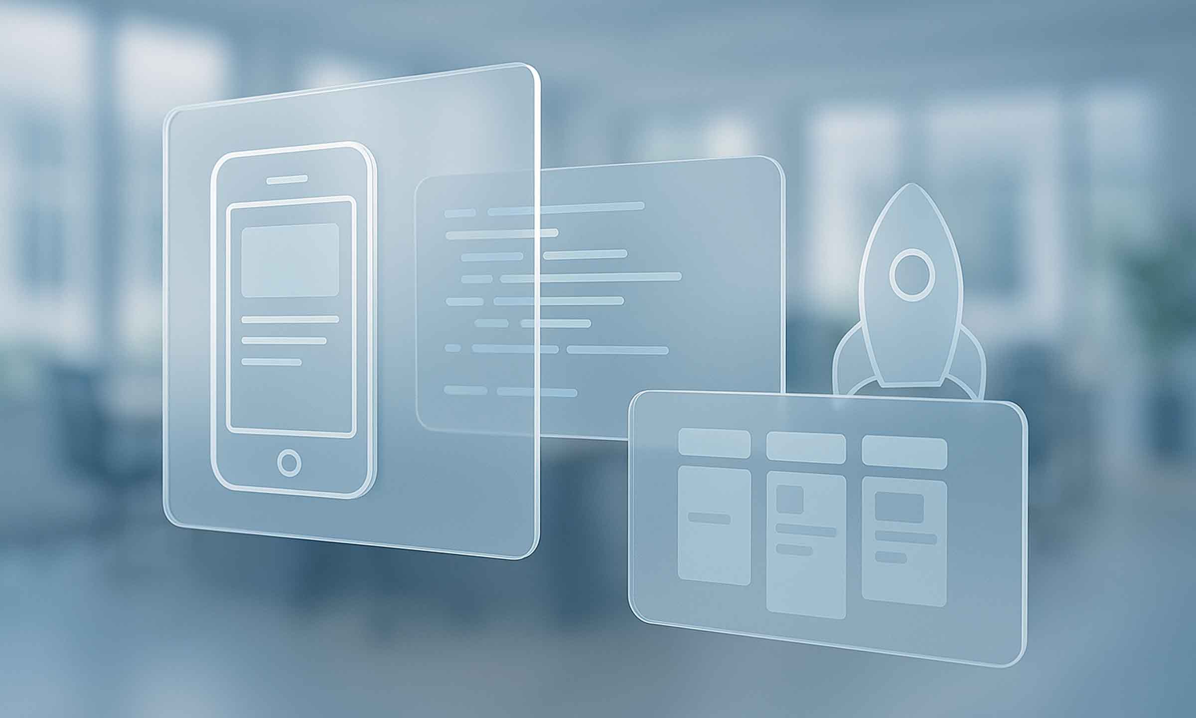 3D hero background showing translucent UI panels of mobile prototype, code snippet, kanban board, and rocket icon to illustrate MVP development for WeBuildSaaS services