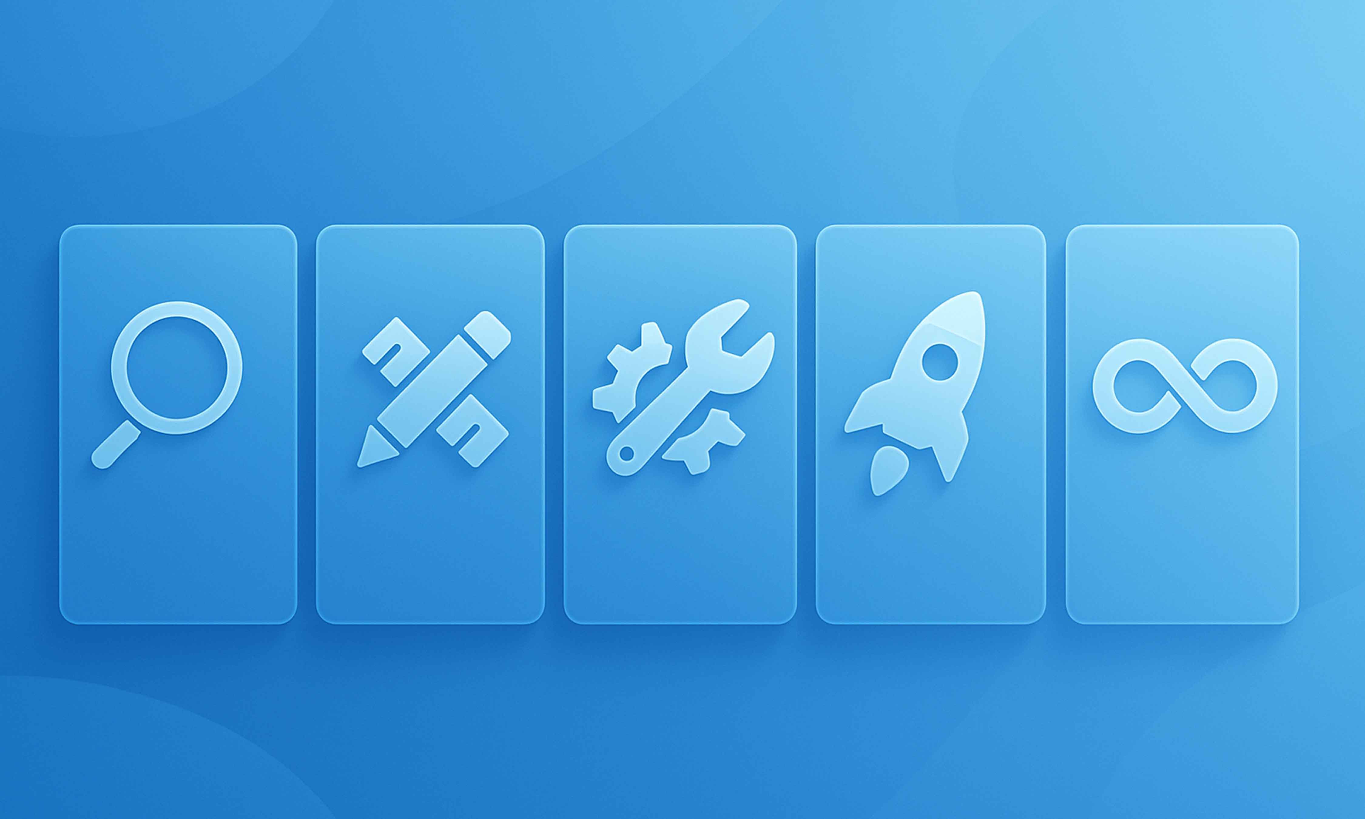 Hero background with five translucent blue panels: magnifying glass, pencil and ruler, wrench with gear, rocket, and infinity loop icons—representing WeBuildSaaS's discovery, design, build, launch, and iterate process steps