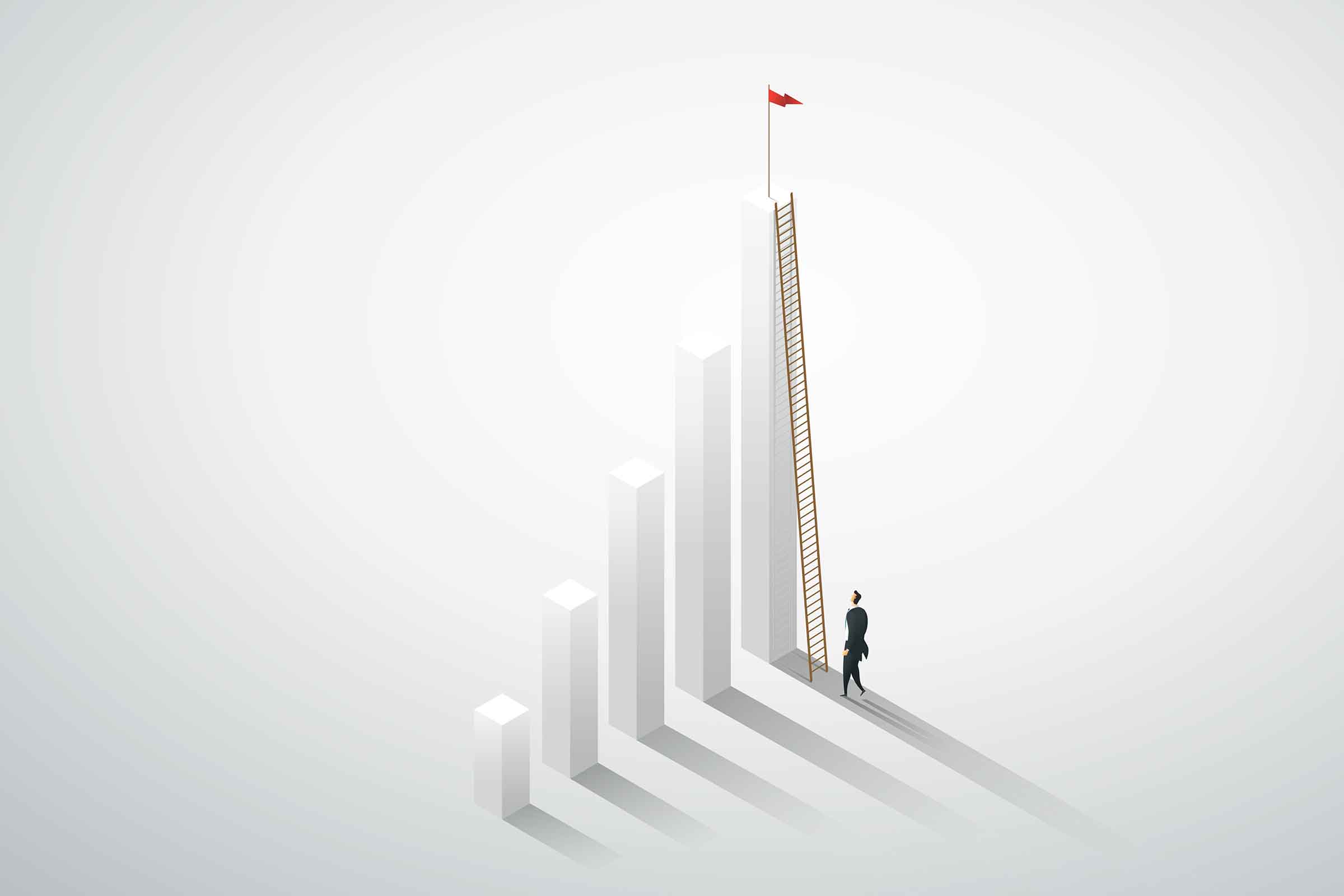 Entrepreneur climbing a ladder to reach the top of ascending blocks, symbolizing the strategic growth path of successful SaaS companies in 2024