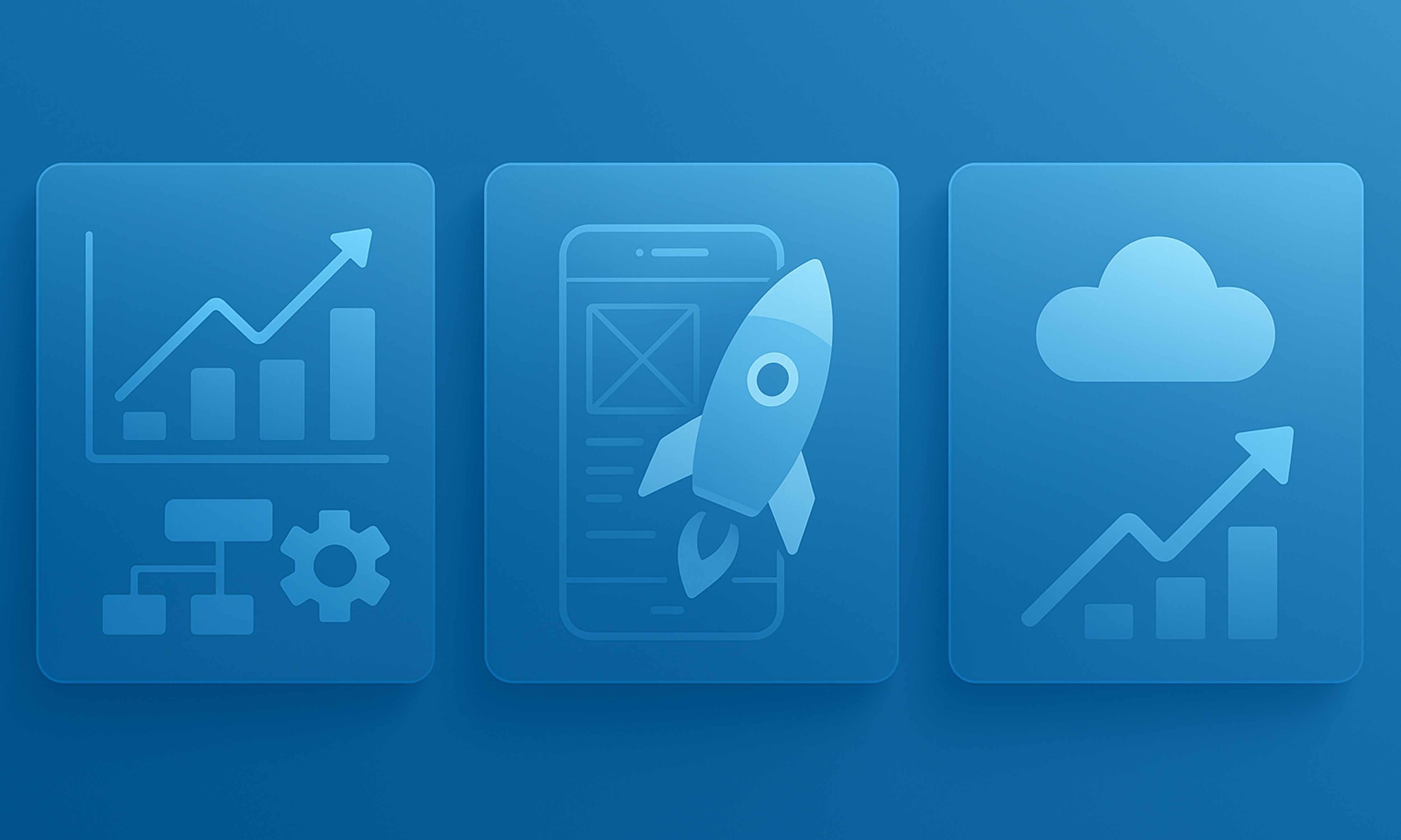 Hero background with four translucent blue panels—calculator, dollar sign with coins, upward bar chart, and valuation gauge—illustrating the SaaS valuation calculator by WeBuildSaaS.