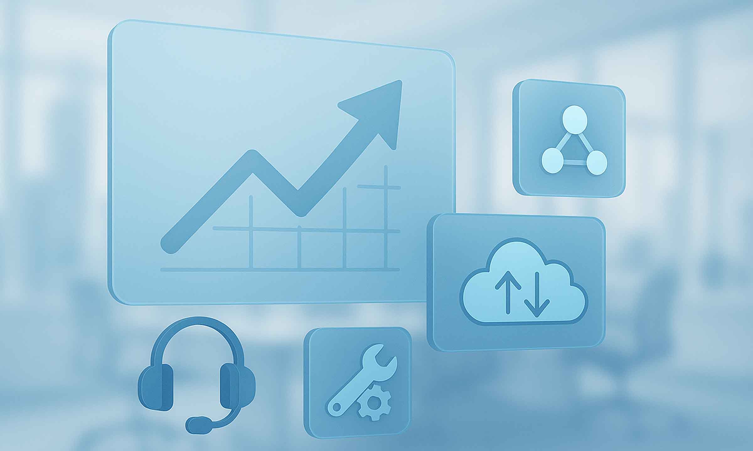 Hero background with translucent panels showing upward-trending growth chart, cloud scaling arrows, load-balancing node, wrench and gear, and headset—visualizing SaaS scaling and ongoing support for WeBuildSaaS